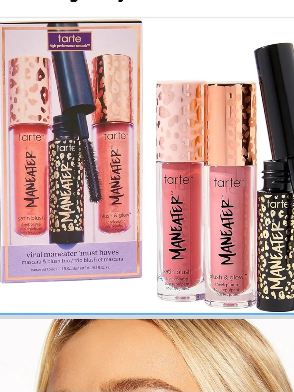 tarte Maneater Mascara with Cinnamon Satin Blush and Berry Blush and Glow